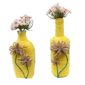 Bud Vases Recycled Glass Flower Yarn Wrapped Yellow Brown Green Set of 2